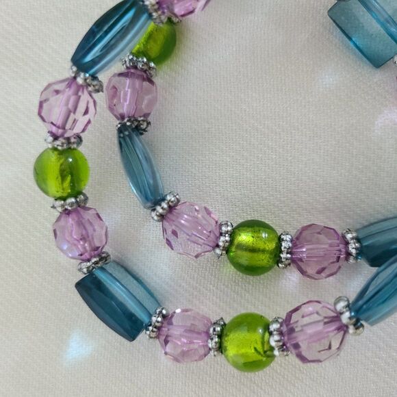 Beautiful Stretch Beaded Bracelet Pair In Purple Turquoise and Green W/ Spacers - Picture 5 of 10